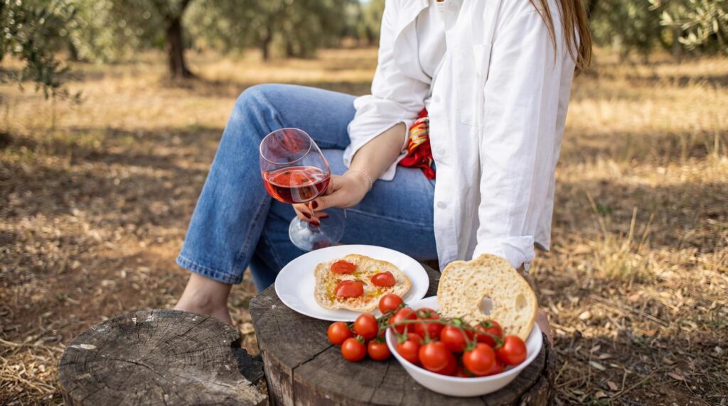 Calice di vino rosato Nina con frise al pomodoro