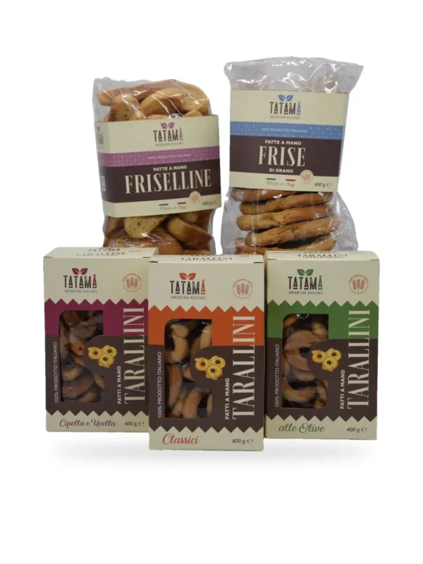 Prodotti da forno Tatamà fatti a mano: friselline, frise di grano e tarallini classici, alle olive e cipolla e uvetta
