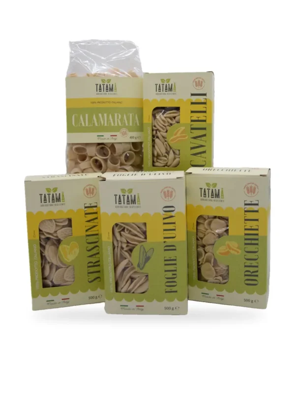 Gamma di pasta Tatamà: calamarata, cavatelli, strascinate, foglie d’ulivo e orecchiette
